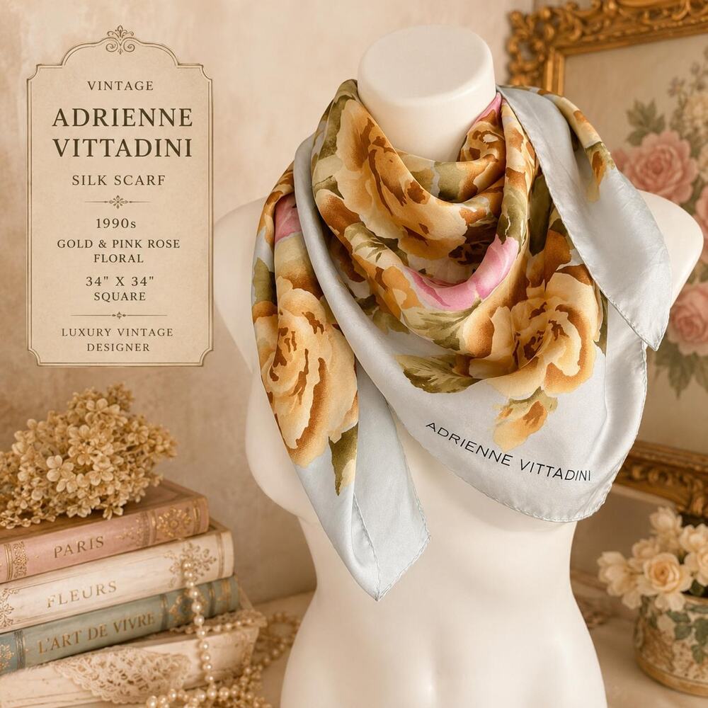 Vintage Adrienne Vittadini Silk Scarf 1990s Gold Pink Rose Floral 34 Square